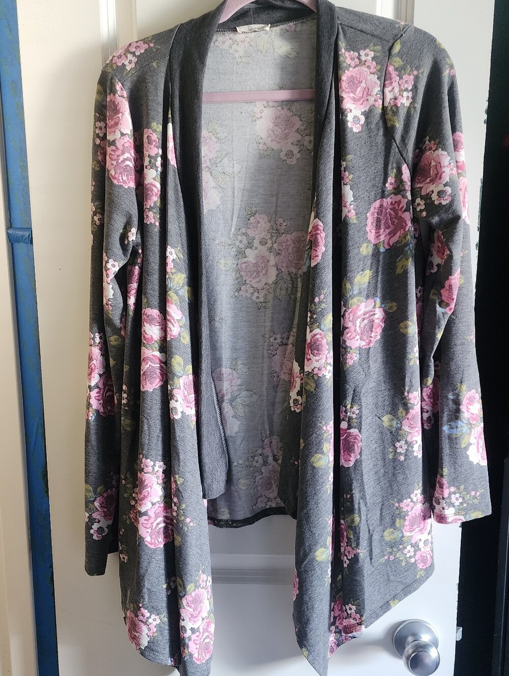 E.luna Gray And Pink Floral Open Cardigan